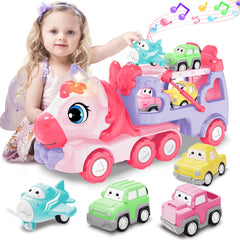Seveclotree 5in1 unicorn carrier truck with lights and music for engaging play.