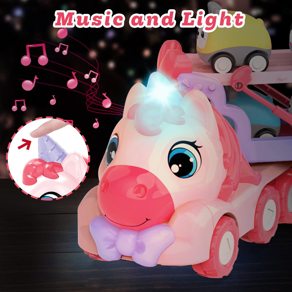 Seveclotree unicorn carrier truck side view shows vibrant colors for imaginative play