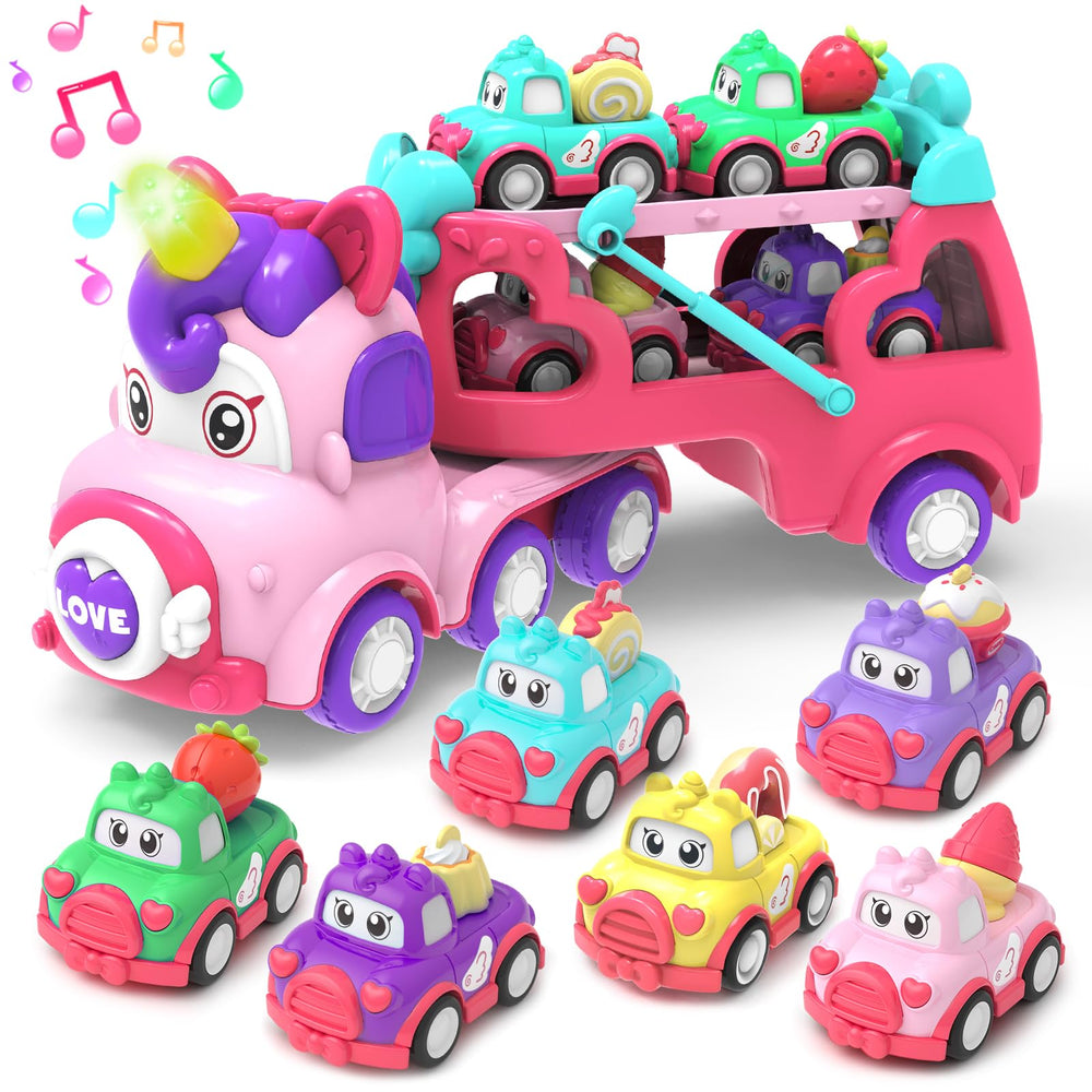 Seveclotree dinosaur truck main view with four mini dino cars for imaginative play