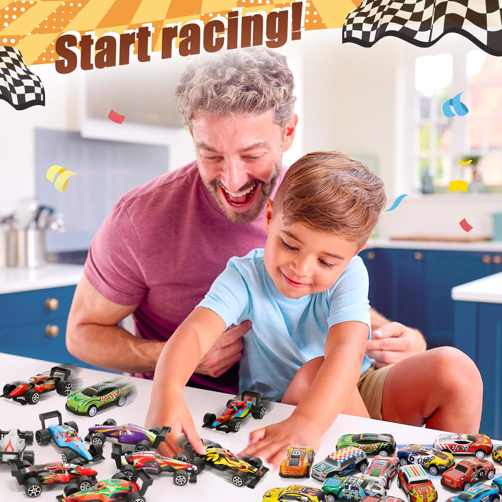 SevenQ pull-back cars for classrooms and parties; easy cleanup, portable storage.