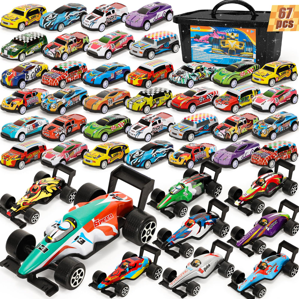 SevenQ pull-back race cars with storage box for classroom parties.