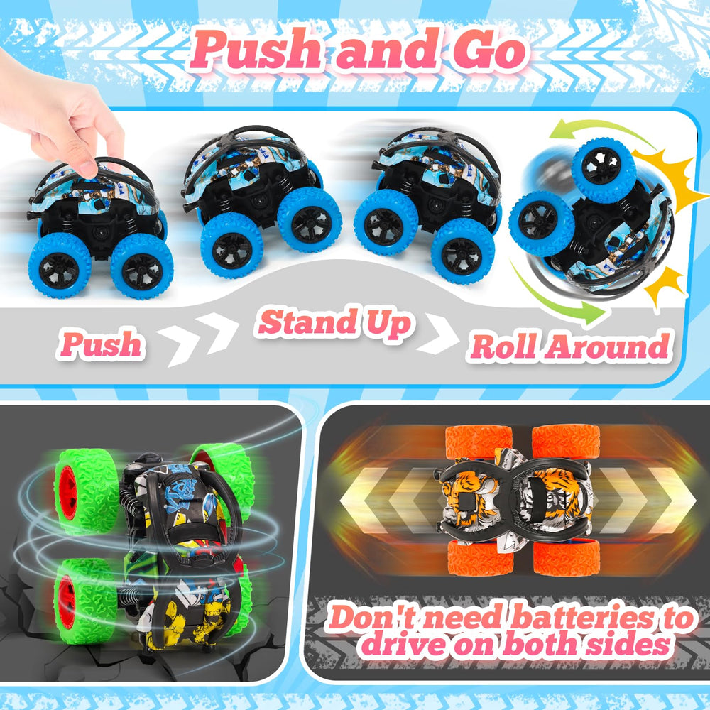 SevenQ push-and-go stunt cars with rubber wheels enable smooth, grip-filled travel.
