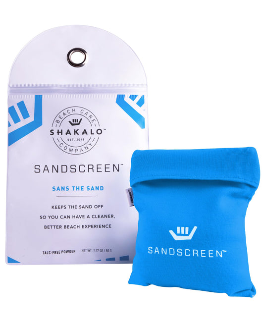 SHAKALO SANDSCREEN bag front view shows sand-free beach cleanup.