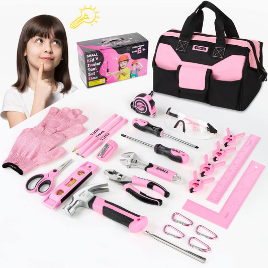 SHALL 26-piece kids tool set with pink bag promotes kid-friendly hands-on learning.