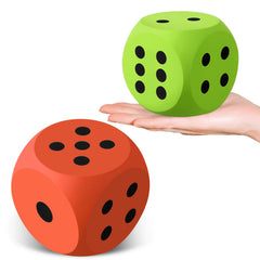 Shappy 3-inch orange and green foam dice for safe, engaging play.
