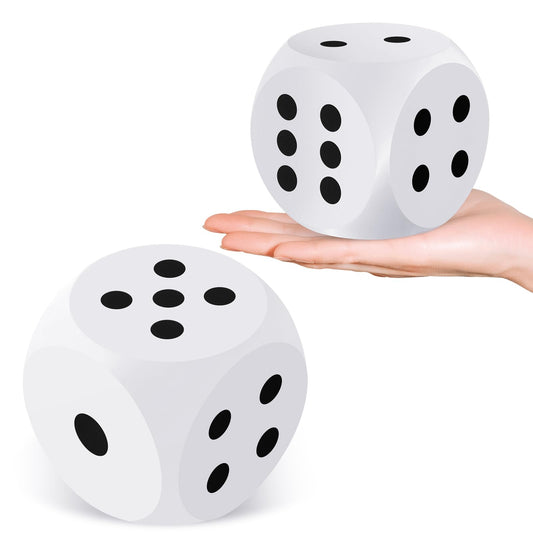 Shappy foam dice 3-inch white on table for family math play