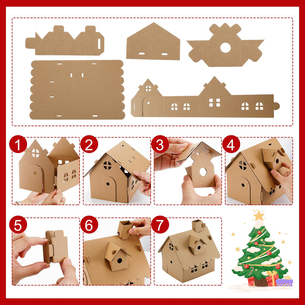 Shappy gingerbread houses with paints and brushes for creative crafting.