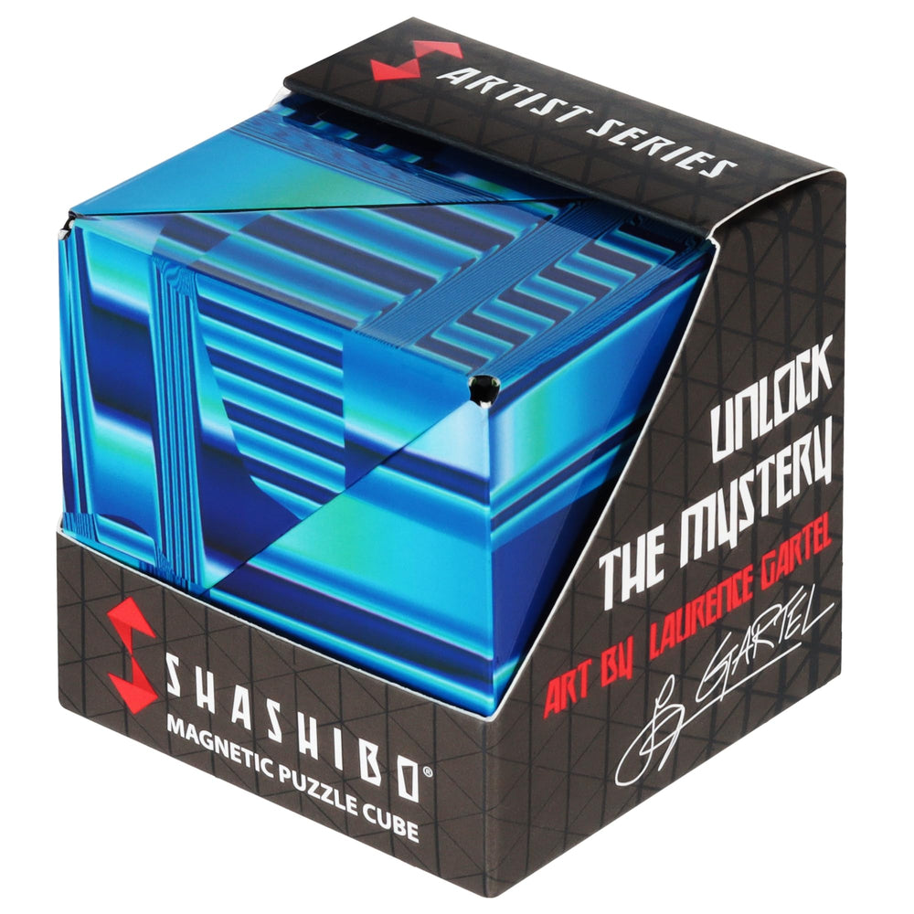 Shashibo Shape Shifting Box Blue Crystal front view, compact and portable