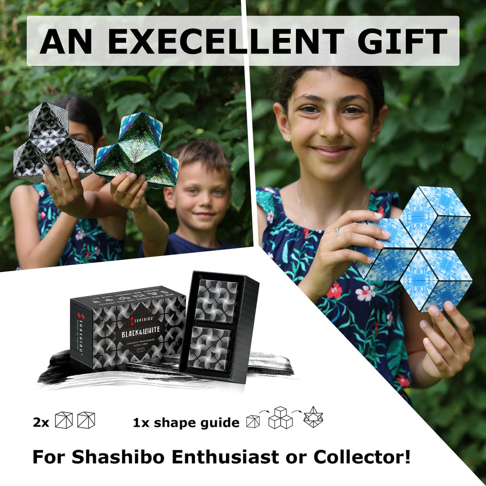 Two Shashibo cubes connected to form larger magnetic structures for extended play.