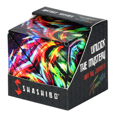 Shashibo Cosmic Surfer shape-shifter box front view highlights magnetic versatility and tactile satisfaction