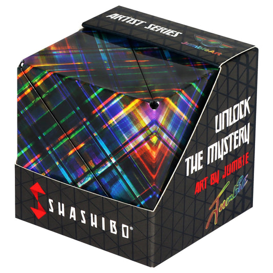 Shashibo Disco Plaid box front view shows colorful magnetic shapes for tactile fascination.