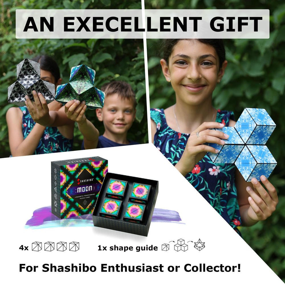 Shashibo compact handheld design fits in your palm for portable fun.