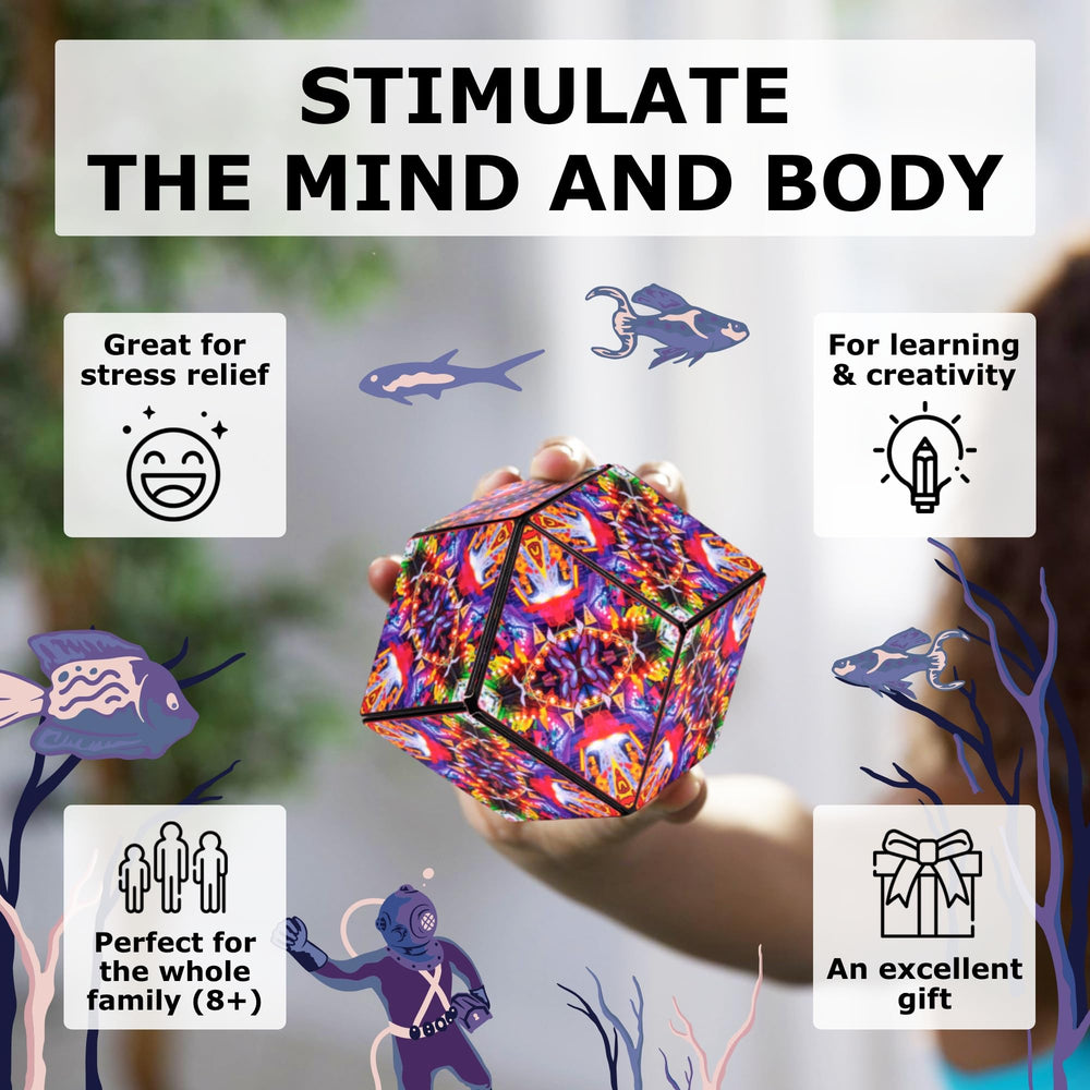 Shashibo magnetic cubes connected to build larger sculptures and patterns.