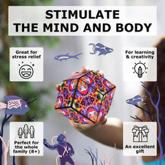 Shashibo magnetic cubes connected to build larger sculptures and patterns.