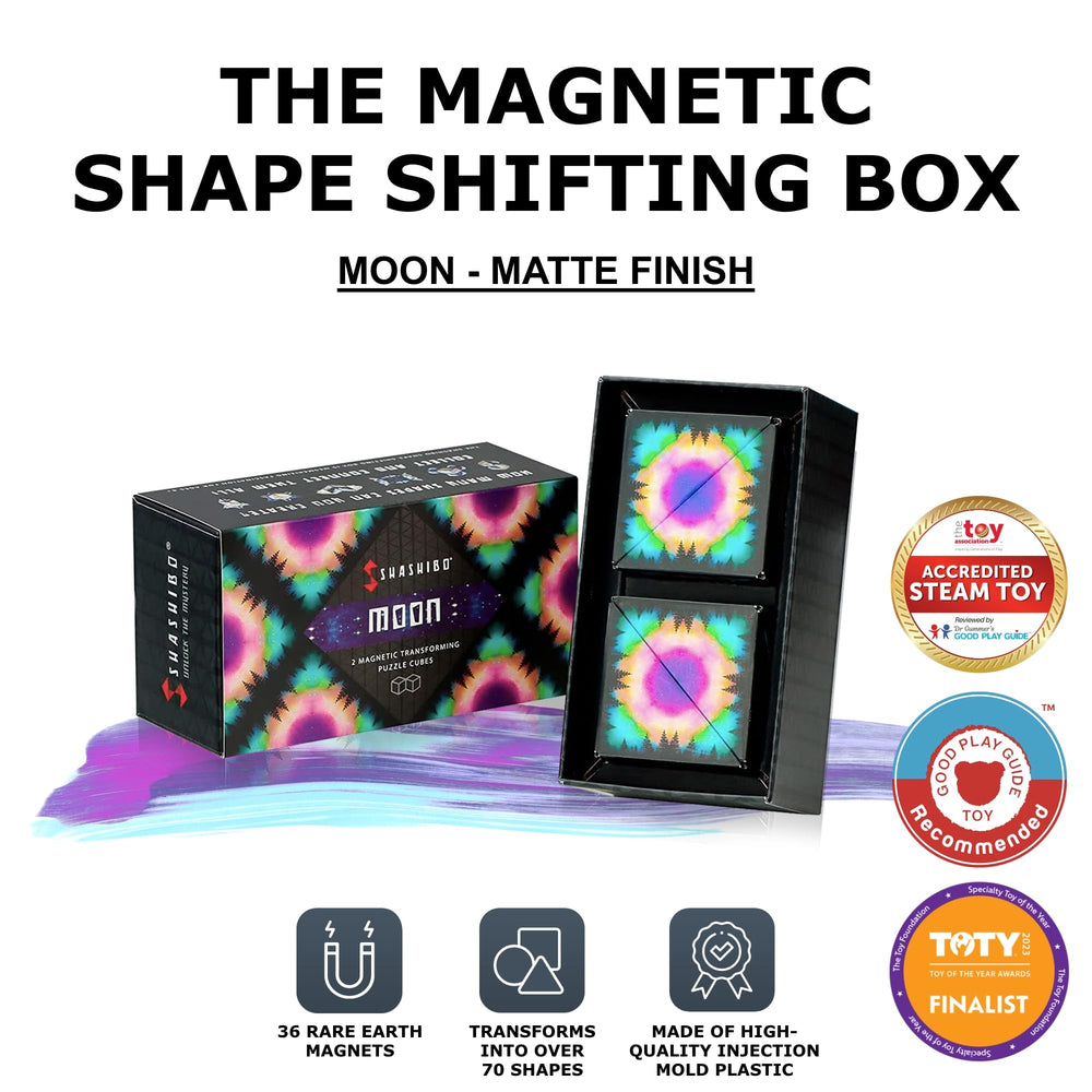 Shashibo Moon 2-Pack demonstrates transformable shapes from cube to beyond for tactile play.