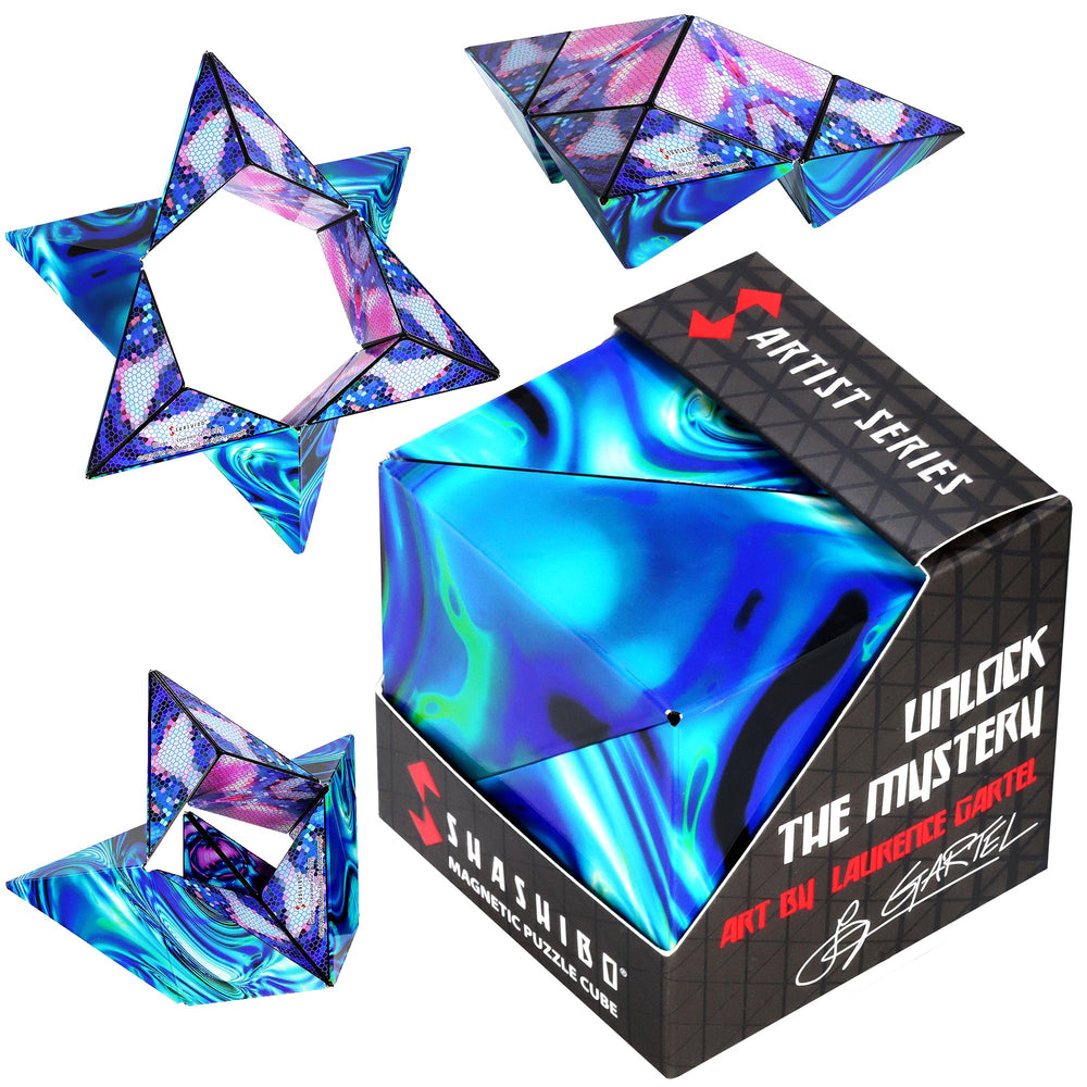 Shashibo Mystic Ocean box closed, inviting hands for focused play