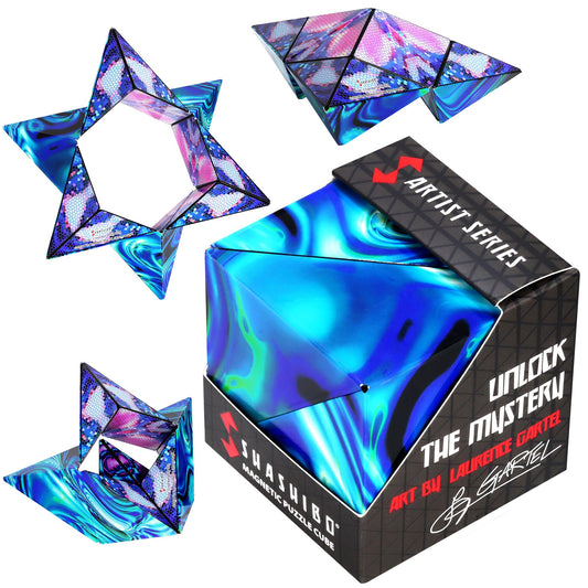 Shashibo Mystic Ocean box closed, inviting hands for focused play