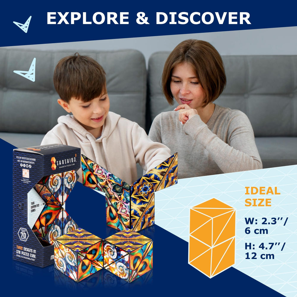 Shashibo Squared in motion highlights smooth twists for kinetic exploration and satisfaction.
