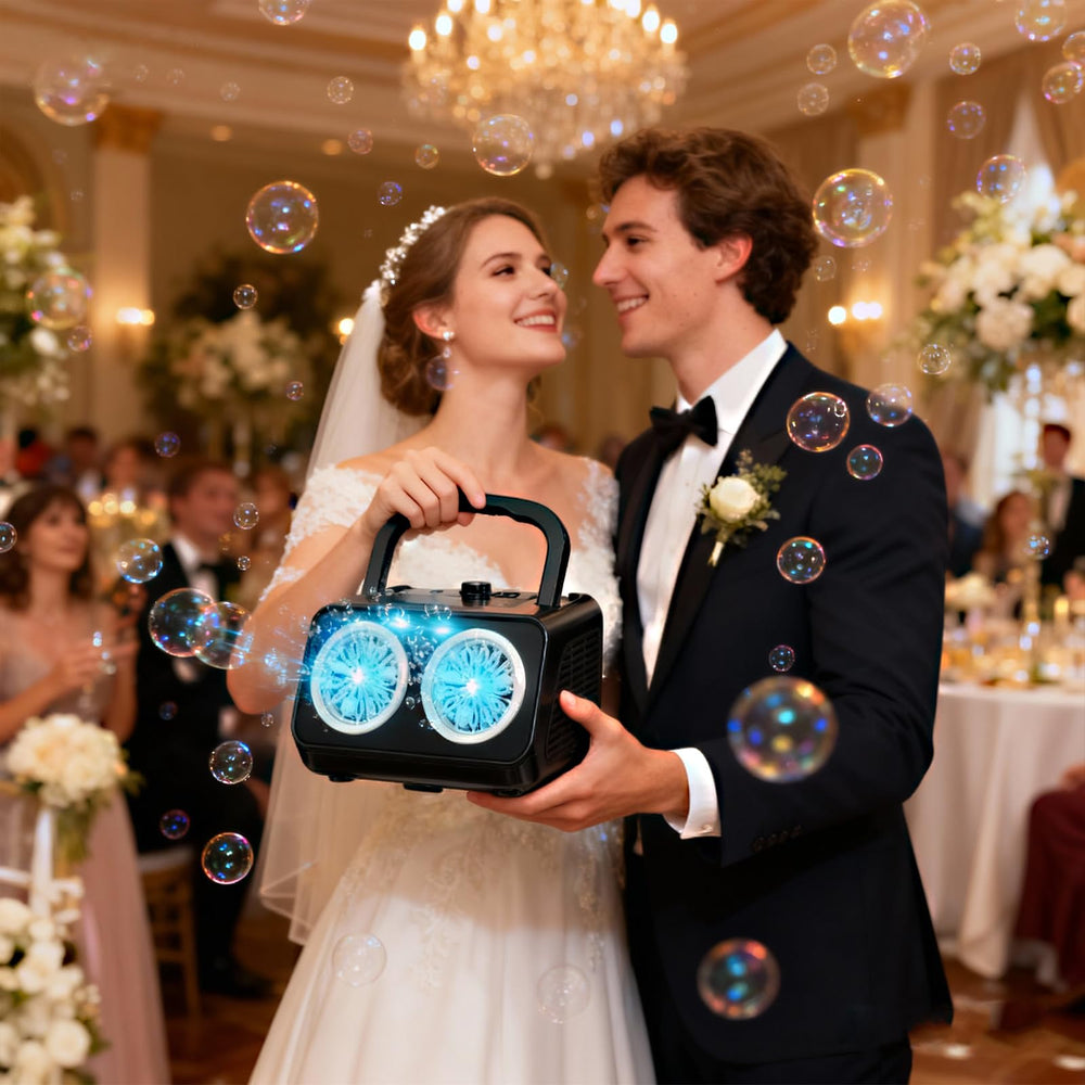 SHCKE bubble machine powered by plug-in or batteries for versatile use.