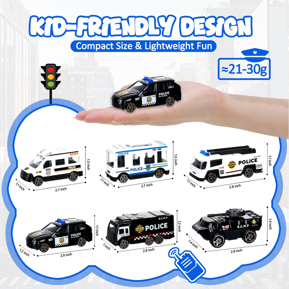 Shellvcase six pack of police trucks suits parties and classroom activities.