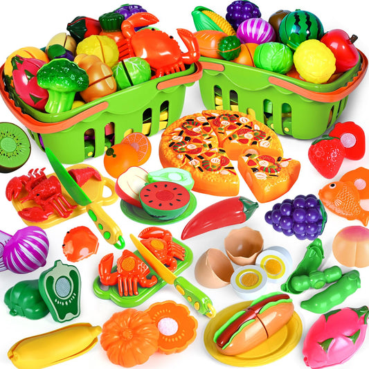 Shemira 100-pcs cutting play food set with safe, realistic pretend foods for toddlers.