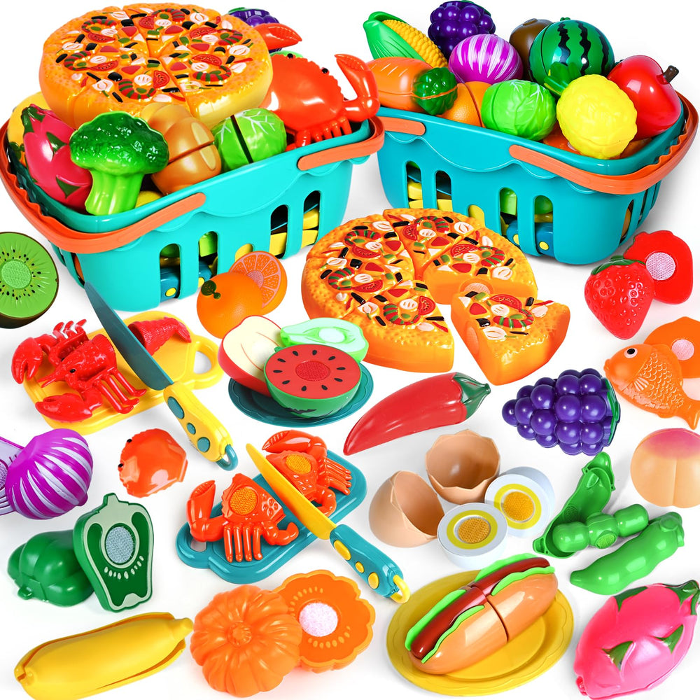 Shemira 100-piece cutting play food set with varied fruits and vegetables for pretend kitchen fun.