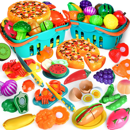 Shemira 100-piece cutting play food set with varied fruits and vegetables for pretend kitchen fun.