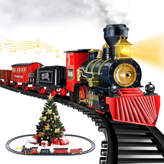 Shemira Christmas train engine with LED lights for festive realism.