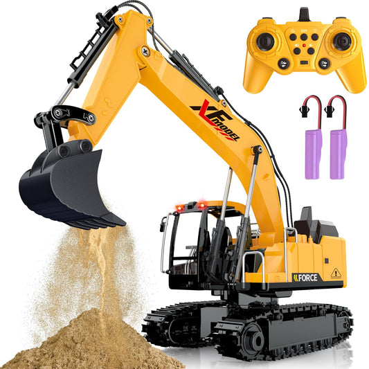 Shemira RC excavator front view with realistic cab and moving arm for outdoor play