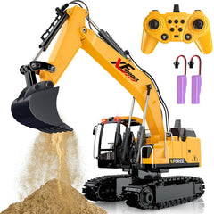Shemira RC excavator front view with realistic cab and moving arm for outdoor play