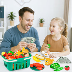 Shemira storage basket and dishes for organized pretend cooking.