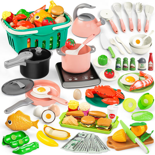 Shemira toy play food set with kitchen accessories for imaginative pretend cooking.