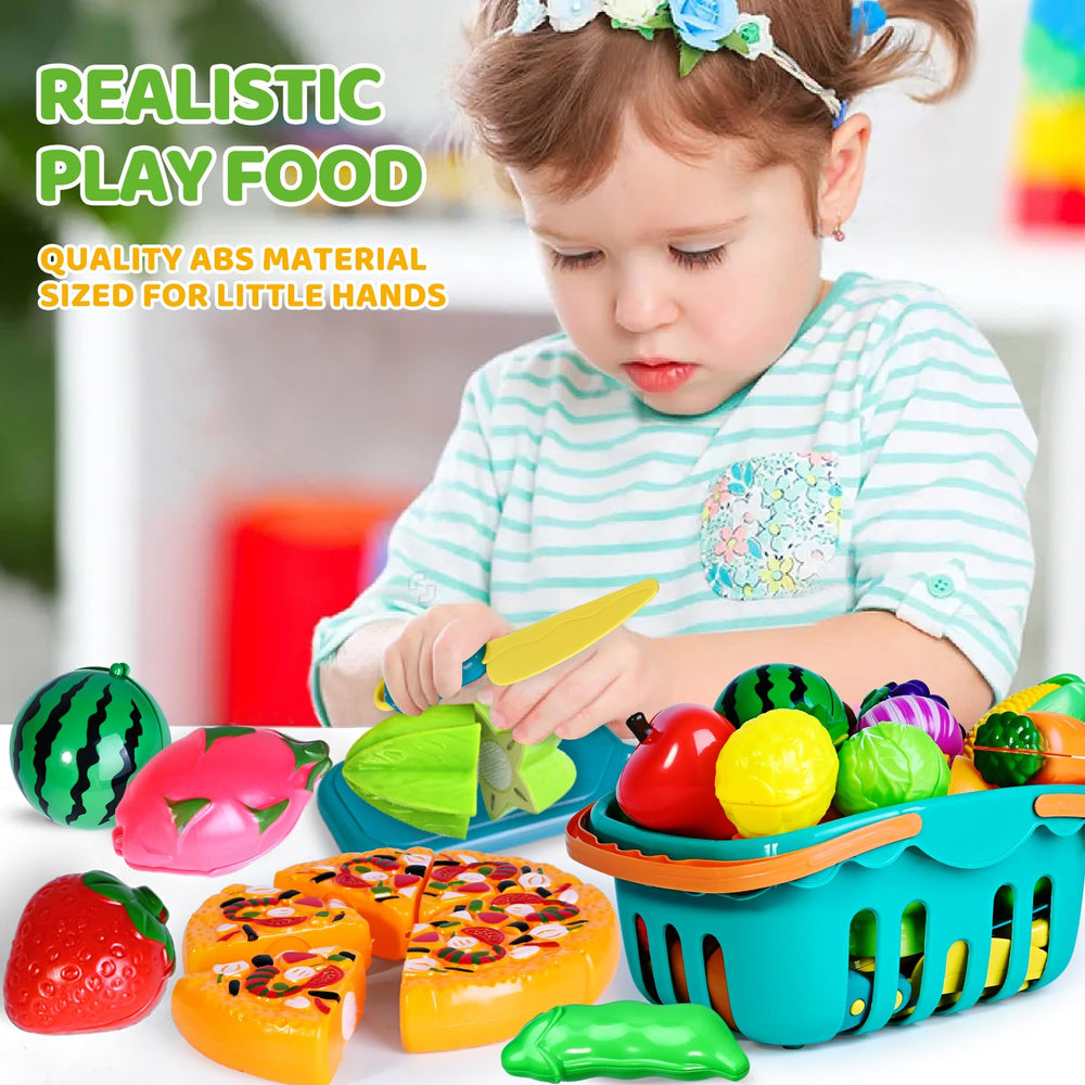Shemira storage baskets keep pretend food organized and portable after play.