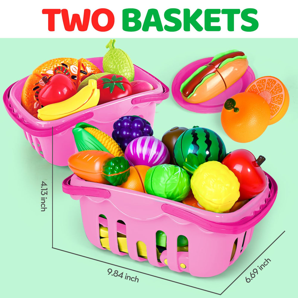 Shemira two storage baskets keep toy food neatly organized and portable.