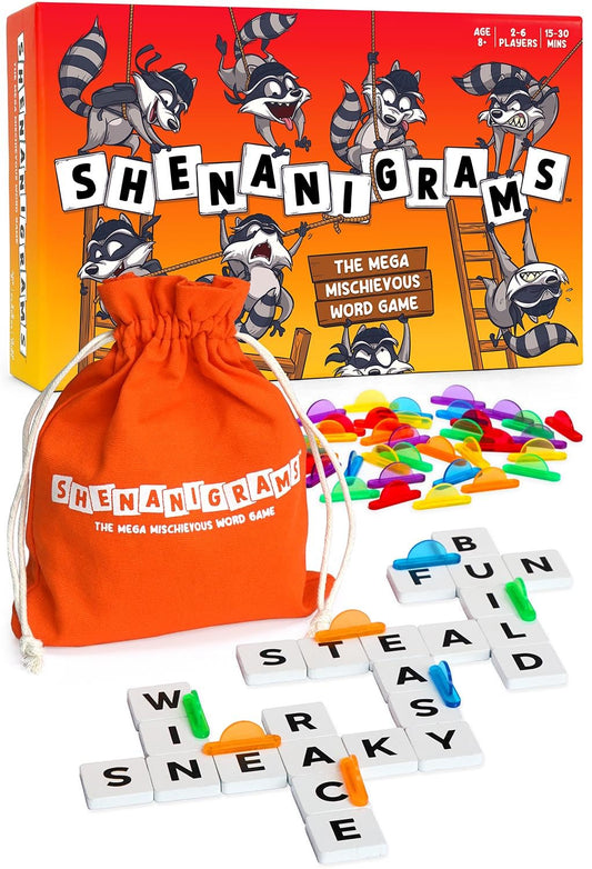 Shenanigrams mega-mischievous word game packaging showing family-friendly fun.