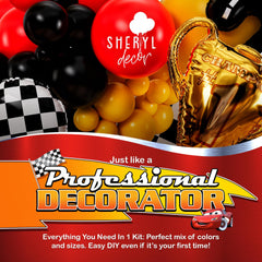 100 red, yellow, and black balloons deliver vivid race-car vibes.