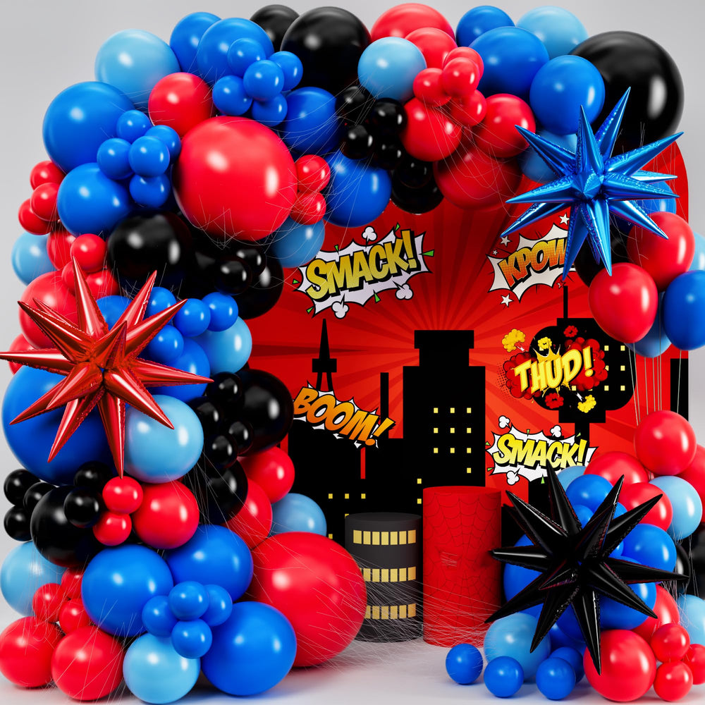 SHERYL DECOR all-in-1 spider balloon arch kit with vibrant red and blue balloons for party decor