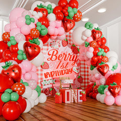 SHERYL DECOR all-in-1 strawberry arch kit setup shows quick assembly and vibrant balloons.