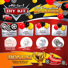 Bonus trophy and number 2 balloons elevate the race-themed display.