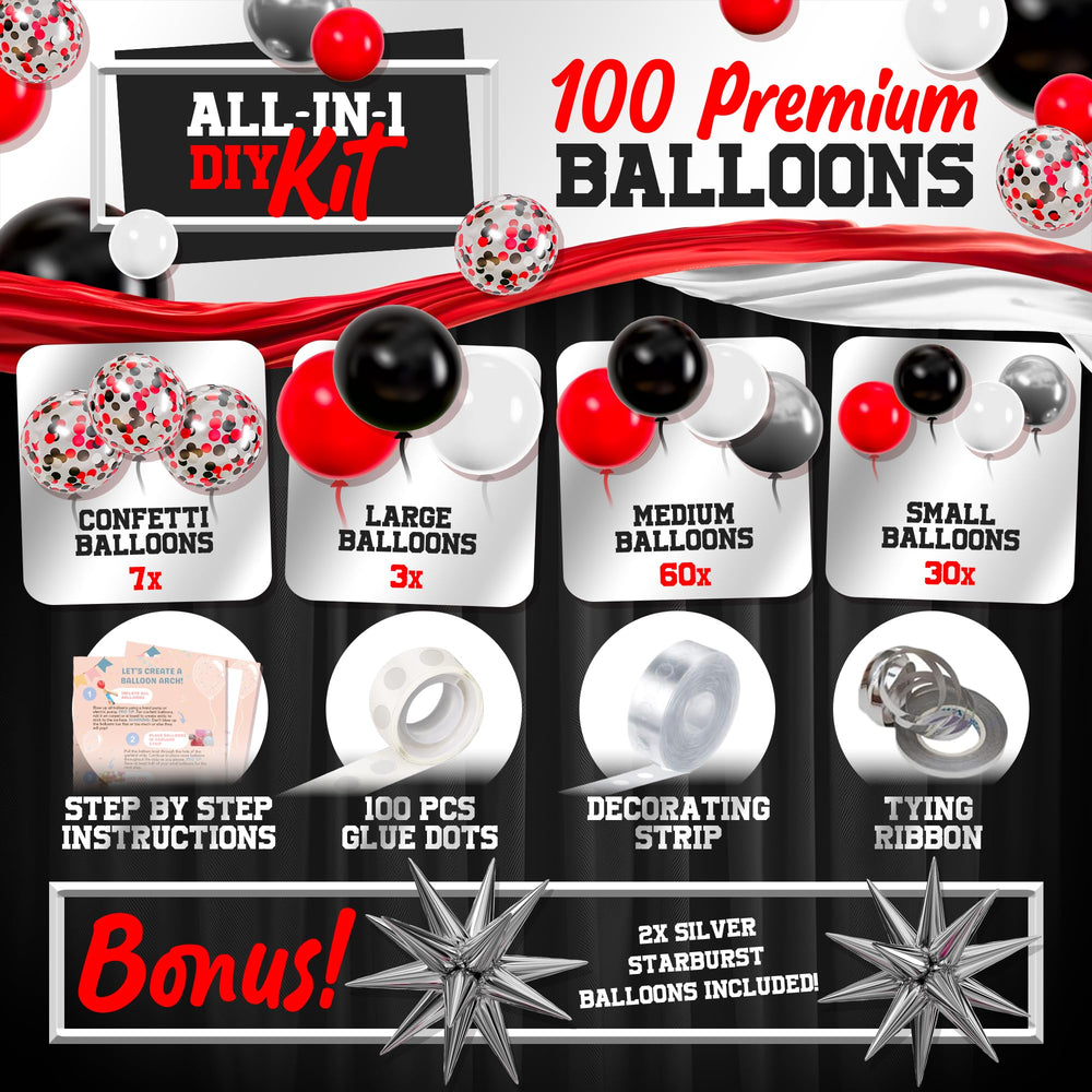 Four-size red black white balloons for versatile garland designs by SHERYL DECOR