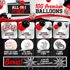 Four-size red black white balloons for versatile garland designs by SHERYL DECOR