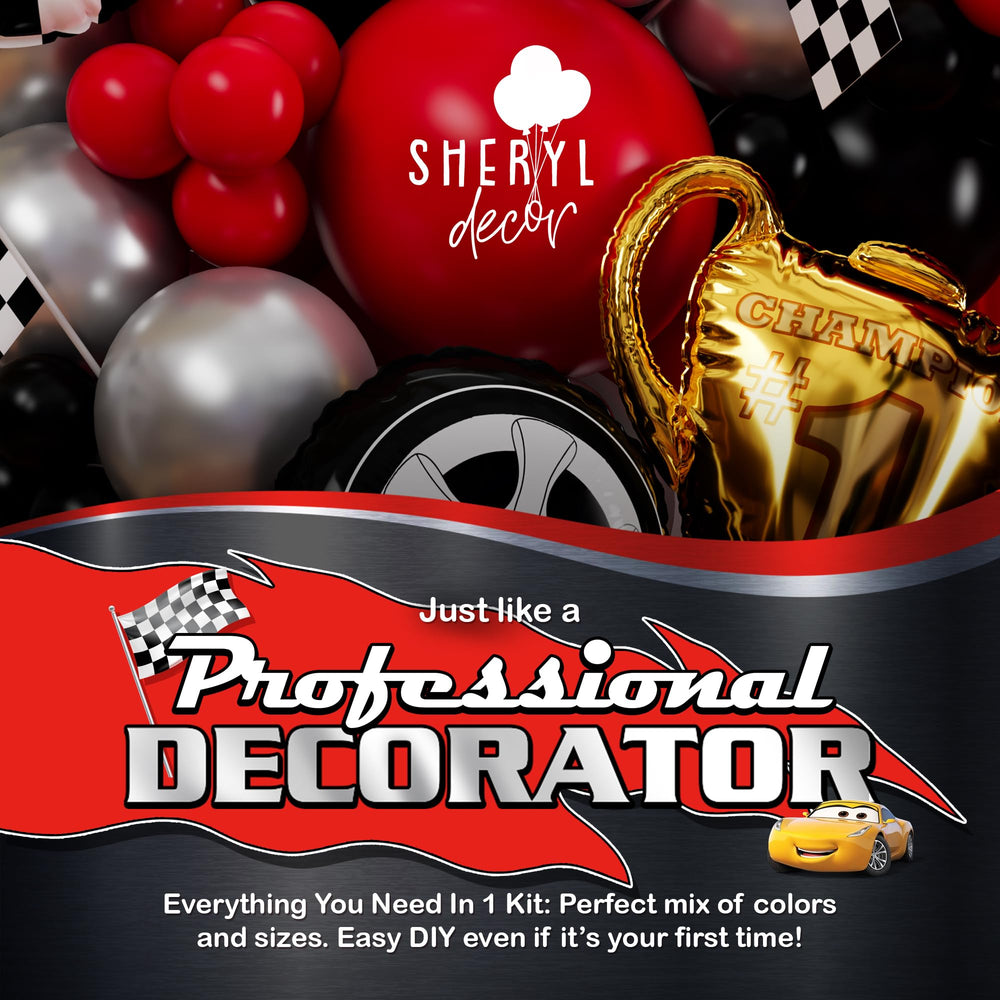 SHERYL DECOR red, black, silver balloons create bold Cars party colors