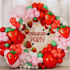 SHERYL DECOR strawberry balloons color preview demonstrates bright red, pink, and white tones.