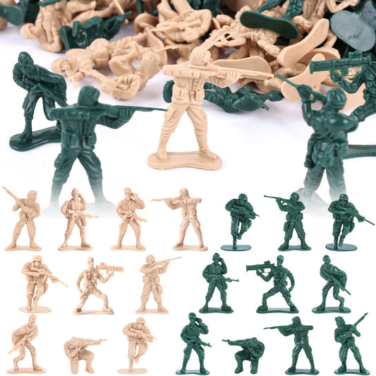 Shindel army men 100pcs in green and tan for teamwork-friendly tabletop battles.