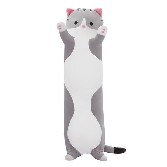 SHINUOER Cute Cat Plush Long Body Pillow front view, cozy lounging companion.