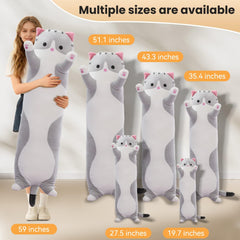 SHINUOER cat plush long body pillow closeup fabric highlights soft stretch.