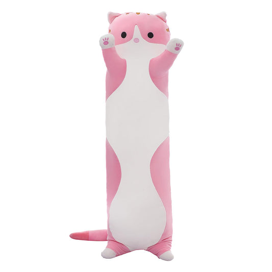 SHINUOER cute cat plush long body pillow shows stretchy fabric that holds shape during cuddling.