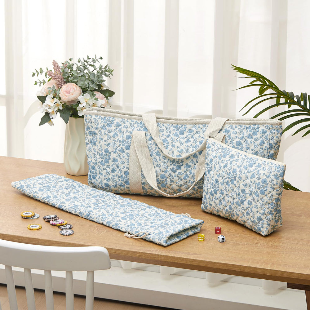 Shinylin large mahjong bag in blue floral design for full set storage