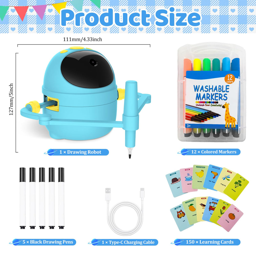 Shovira drawing robot showcases 150 learning cards for diverse themes.
