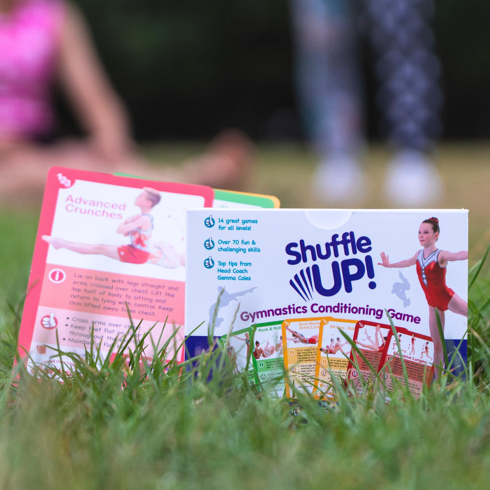 Shuffle Up Gymnastics cards feature large size for easy viewing tips.